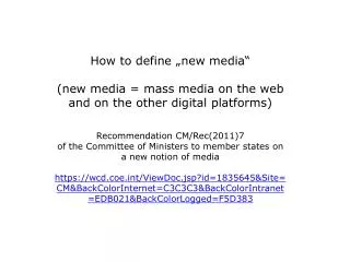 The purpose of media Media and democracy Media standards and regulation