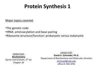 Protein Synthesis 1 Major topics covered: The genetic code