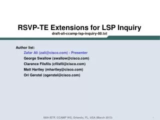 RSVP-TE Extensions for LSP Inquiry draft-ali-ccamp-lsp-inquiry- 00 . txt