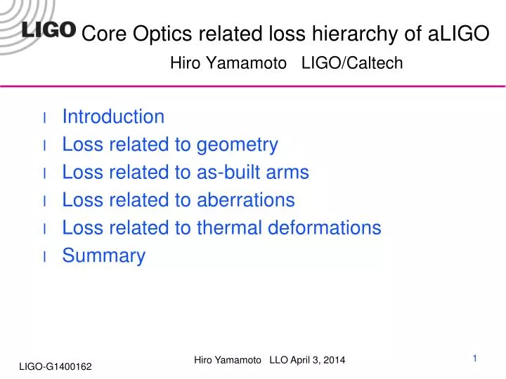 core optics related loss hierarchy of aligo hiro yamamoto ligo caltech