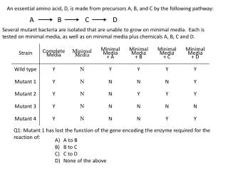 An essential amino acid, D, is made from precursors A, B, and C by the following pathway: