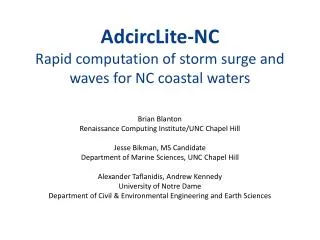 AdcircLite -NC Rapid computation of storm surge and waves for NC coastal waters