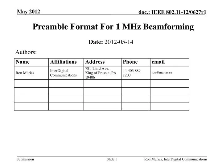 preamble format for 1 mhz beamforming