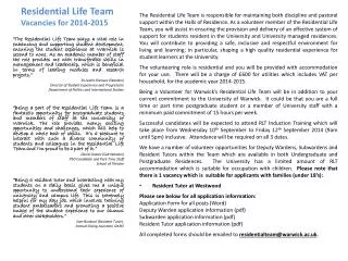 Residential Life Team Vacancies for 2014-2015