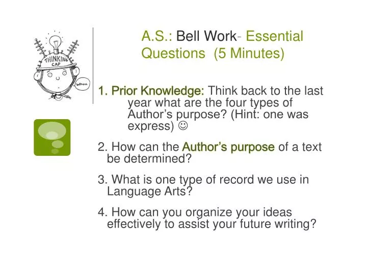a s bell work essential questions 5 minutes