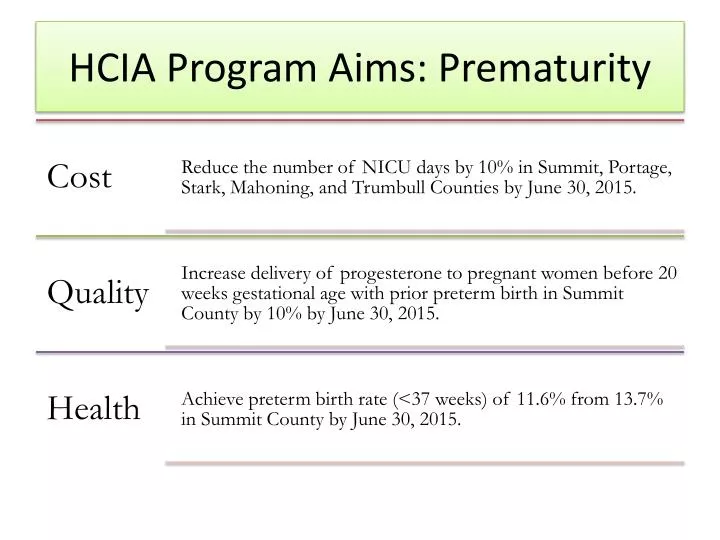 hcia program aims prematurity