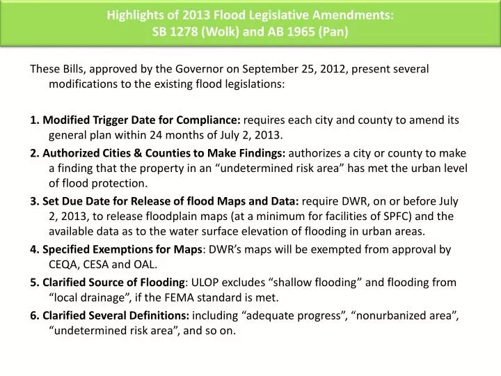 highlights of 2013 flood legislative amendments sb 1278 wolk and ab 1965 pan