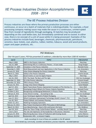 IIE Process Industries Division Accomplishments 2008 - 2014