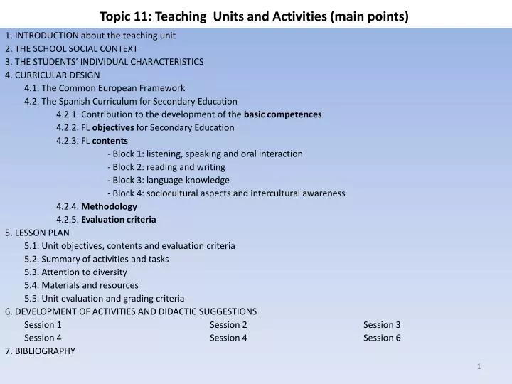 topic 11 teaching units and activities main points