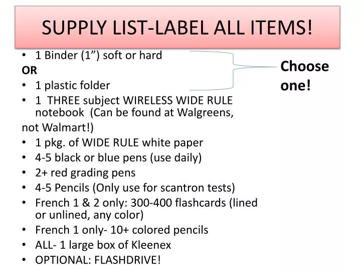 supply list label all items