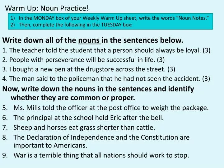 warm up noun practice