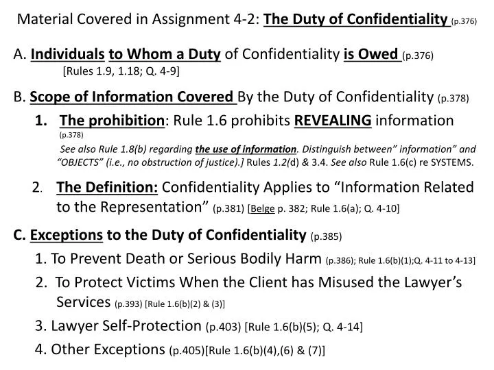 material covered in assignment 4 2 the duty of confidentiality p 376