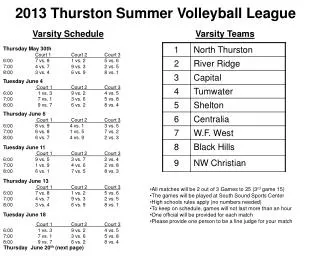 Thursday May 30th Court 1	 Court 2 Court 3 6:00	 7 vs. 8 1 vs. 2 	 5 vs. 6