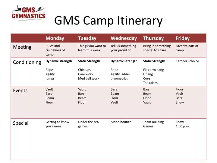 gms camp itinerary