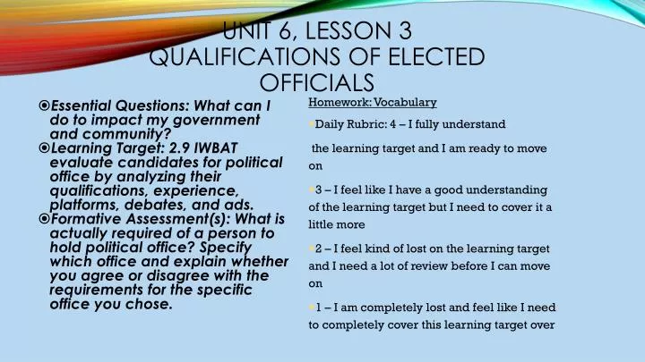 unit 6 lesson 3 qualifications of elected officials