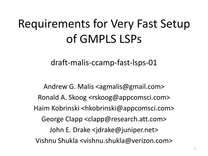 requirements for very fast setup of gmpls lsps