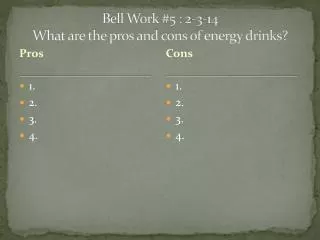 Bell Work #5 : 2-3-14 What are the pros and cons of energy drinks?