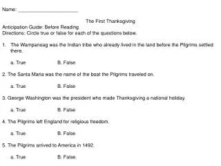 Name: ______________________ The First Thanksgiving Anticipation Guide: Before Reading