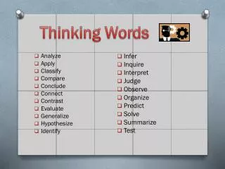 A nalyze Apply Classify Compare Conclude Connect Contrast Evaluate Generalize Hypothesize Identify