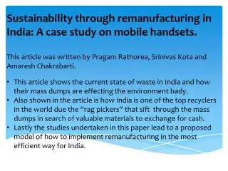 Sustainability through remanufacturing in India: A case study on mobile handsets.