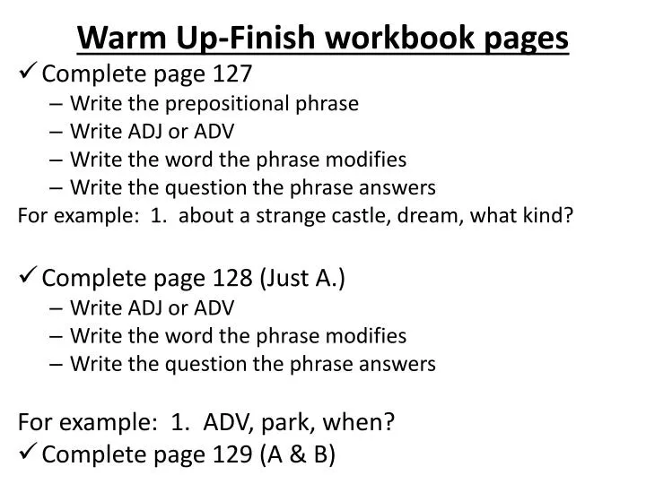 warm up finish workbook pages