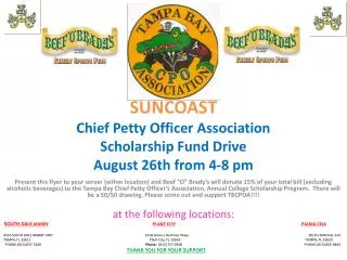 SUNCOAST Chief Petty Officer Association Scholarship Fund Drive August 26th from 4-8 pm