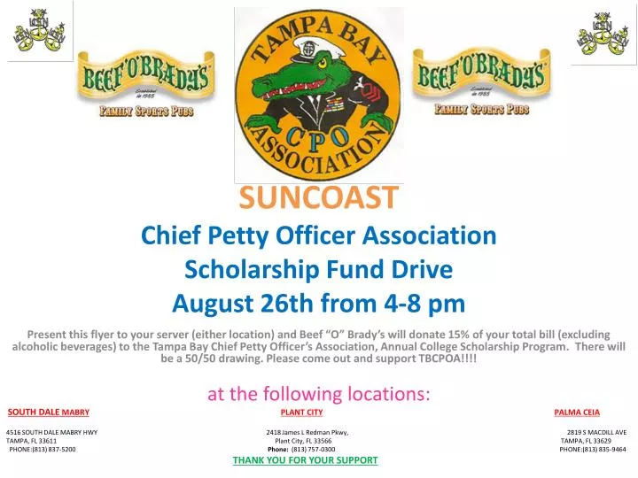 suncoast chief petty officer association scholarship fund drive august 26th from 4 8 pm