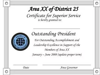 Area XX of District 25 Certificate for Superior Service