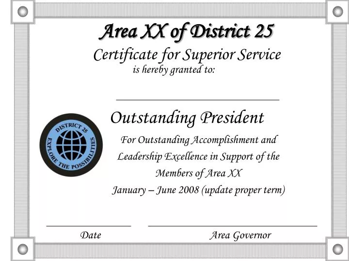 area xx of district 25 certificate for superior service