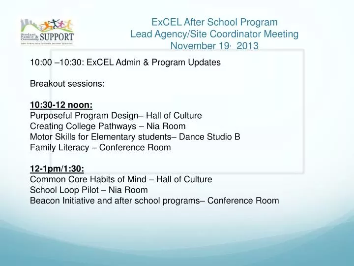 excel after school program lead agency site coordinator meeting november 19 2013
