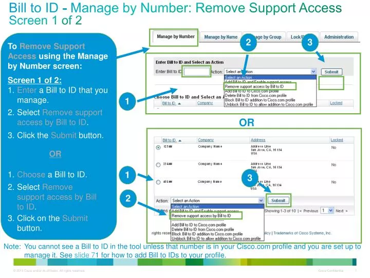 bill to id manage by number remove support access screen 1 of 2