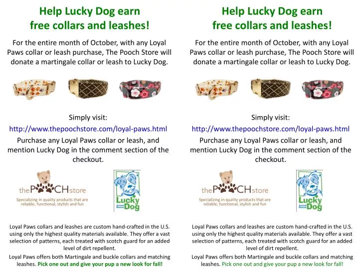 help lucky dog earn f ree collars and leashes