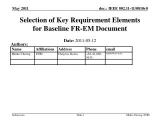 Selection of Key Requirement Elements for Baseline FR-EM Document