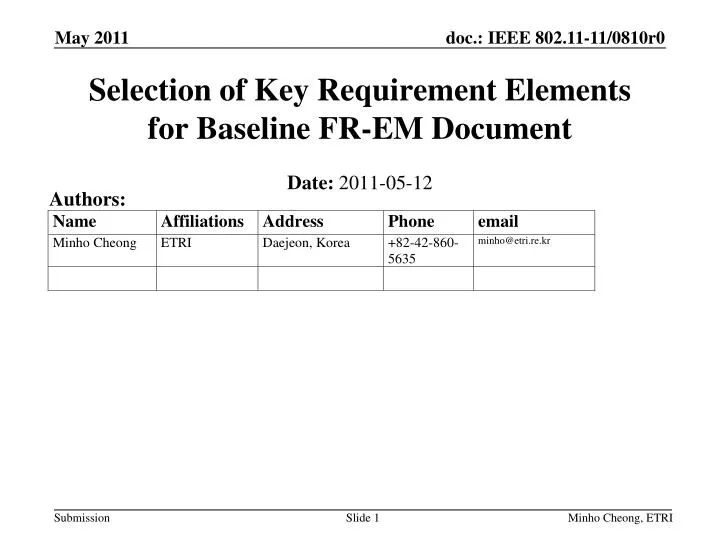 selection of key requirement elements for baseline fr em document