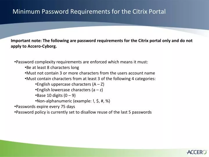 minimum password requirements for the citrix portal