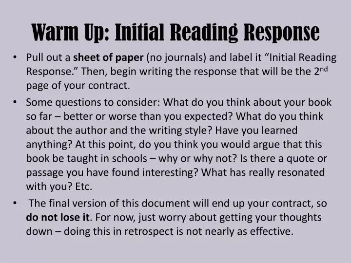warm up initial reading response