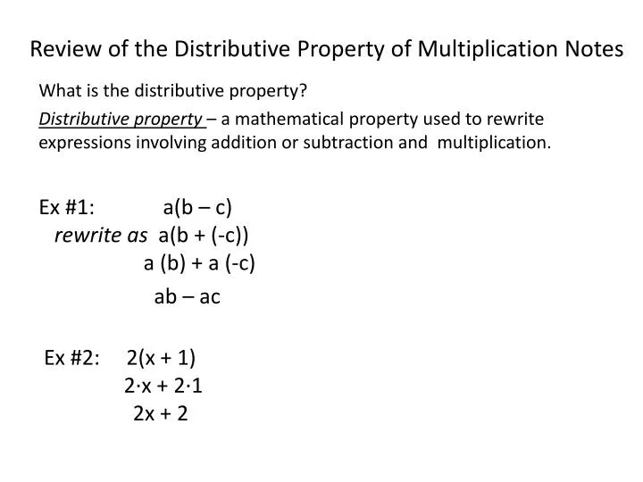 review of the distributive property of multiplication notes