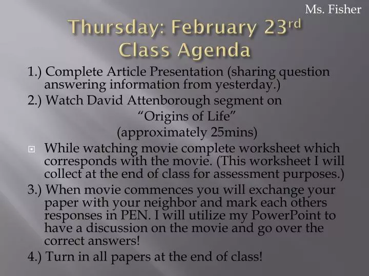 thursday february 23 rd class agenda