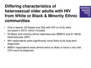 One in twenty UK-based over 50s with HIV (n=410) were surveyed in 2010, which included: