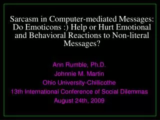 Ann Rumble, Ph.D. Johnnie M. Martin Ohio University-Chillicothe