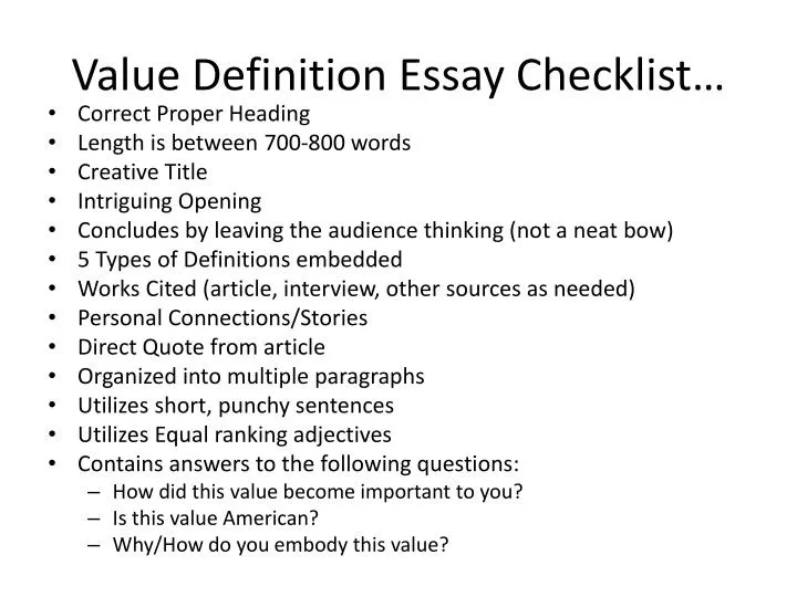 value definition essay checklist