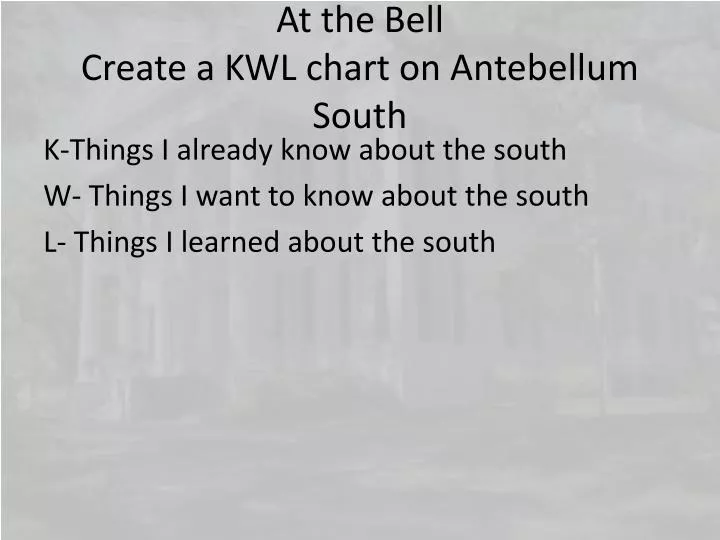 at the bell create a kwl chart on antebellum south