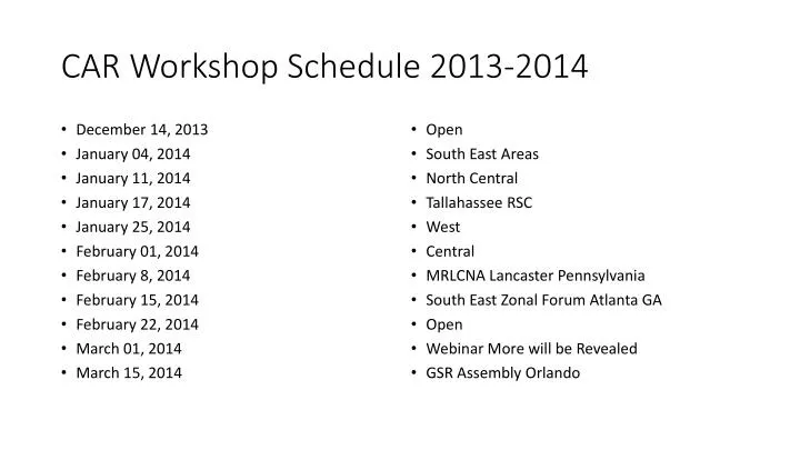 car workshop schedule 2013 2014