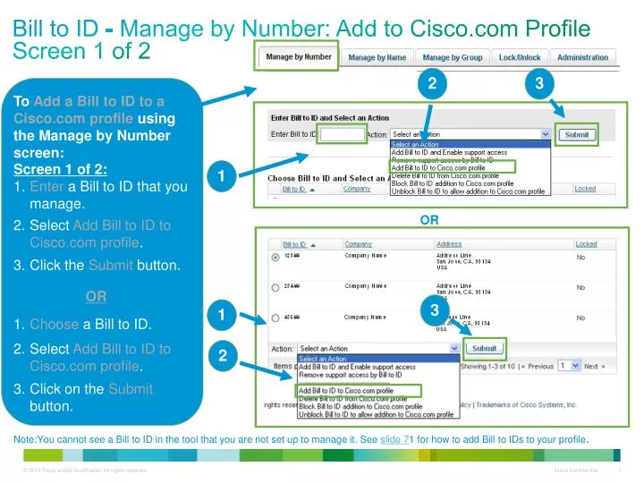 bill to id manage by number add to cisco com profile screen 1 of 2