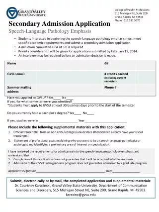 Secondary Admission Application Speech-Language Pathology Emphasis