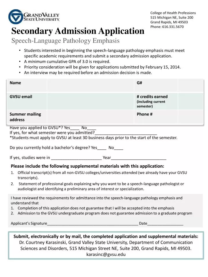secondary admission application speech language pathology emphasis
