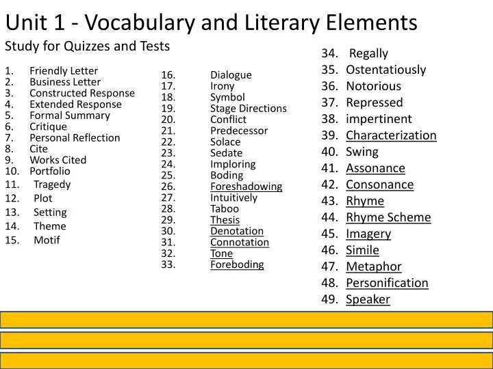 unit 1 vocabulary and literary elements study for quizzes and tests