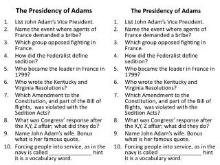 The Presidency of Adams