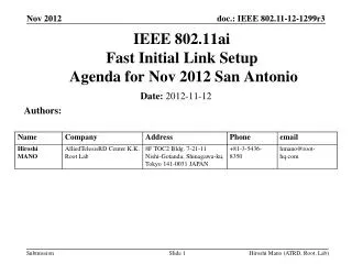 IEEE 802.11ai Fast Initial Link Setup Agenda for Nov 2012 San Antonio