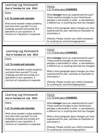 Learning Log Homework Due in Tuesday 1st July 2014